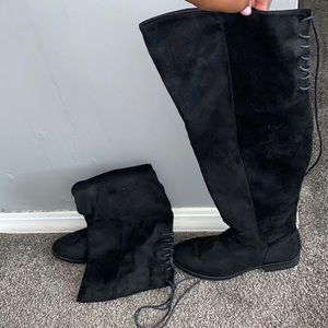F21 Velvet Black Tie Up Over The Knee Flat Boots